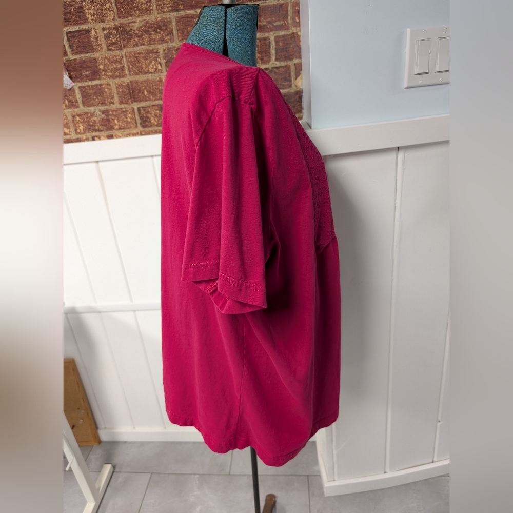 Easy Essentials Eyelet Yoke Red, Woman Plus Size 3X, 100% Cotton Tee - Picture 6 of 12